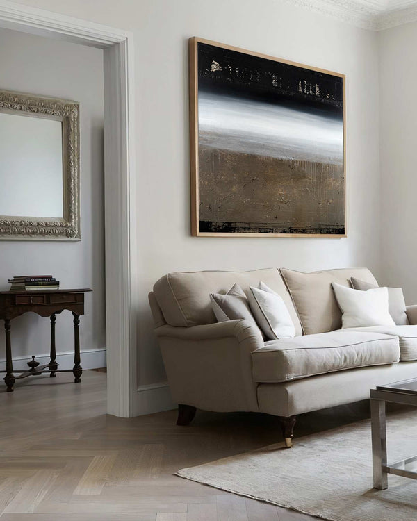 Far Beyond, black original abstract painting shown in a styled living room, by Nemanja Nikolic