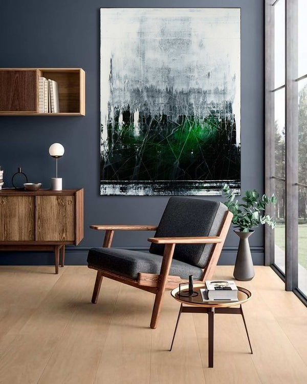 Feeding Me With Sun, white original abstract painting shown in a modern interior, by Nemanja Nikolic