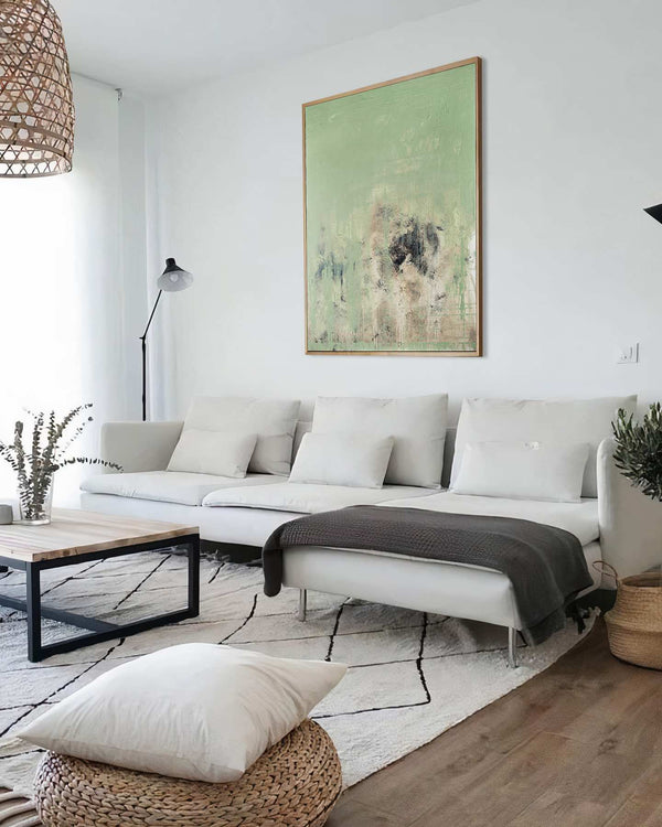 Fera Vitae, green original abstract painting shown in a styled living room, by Nemanja Nikolic