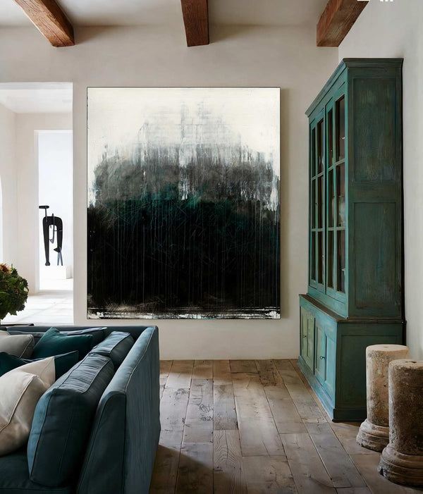 Forest Beyond, white original abstract painting shown in a styled living room, by Nemanja Nikolic
