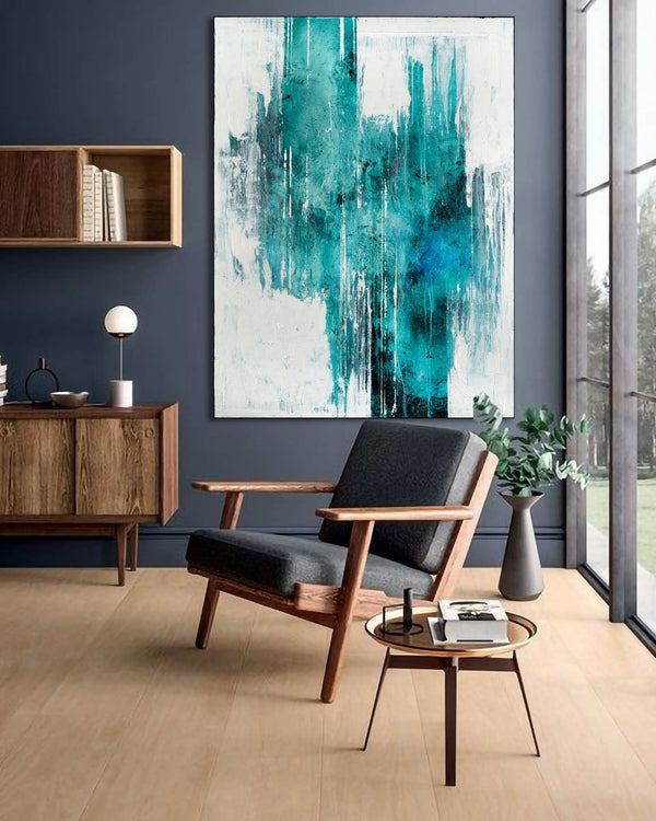 Frigus Lacum, teal original abstract painting shown in a styled living room, by Nemanja Nikolic