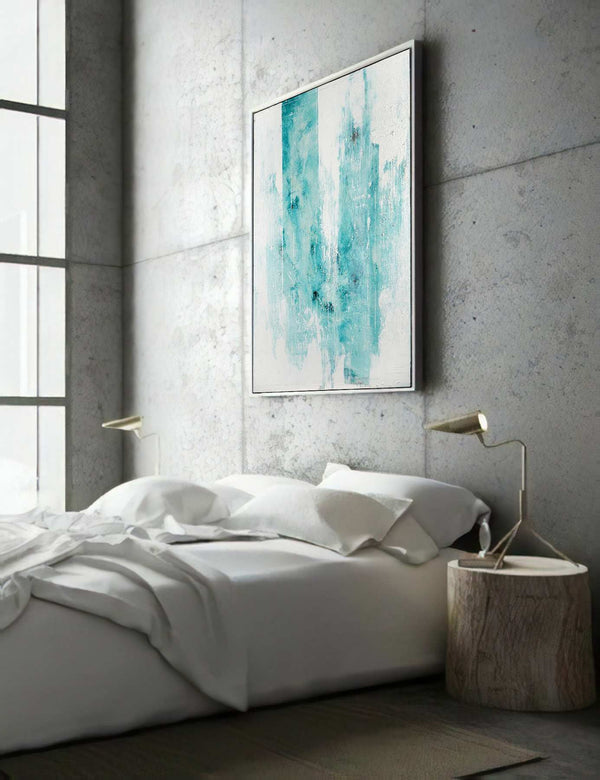 Gelum, turquoise original abstract painting shown in a styled living room, by Nemanja Nikolic