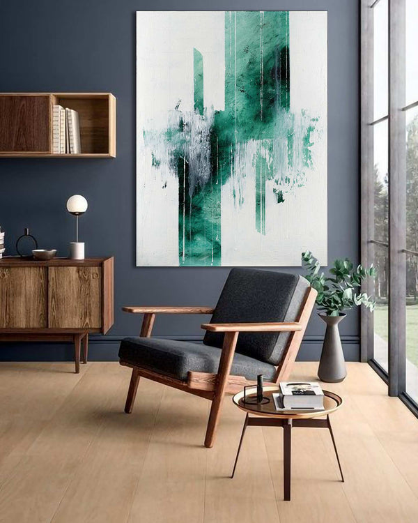 Green Shimmer, white original abstract painting shown in a styled living room, by Nemanja Nikolic