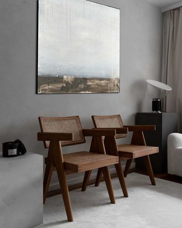 Haze Over, grey original abstract painting shown in a modern interior, by Nemanja Nikolic