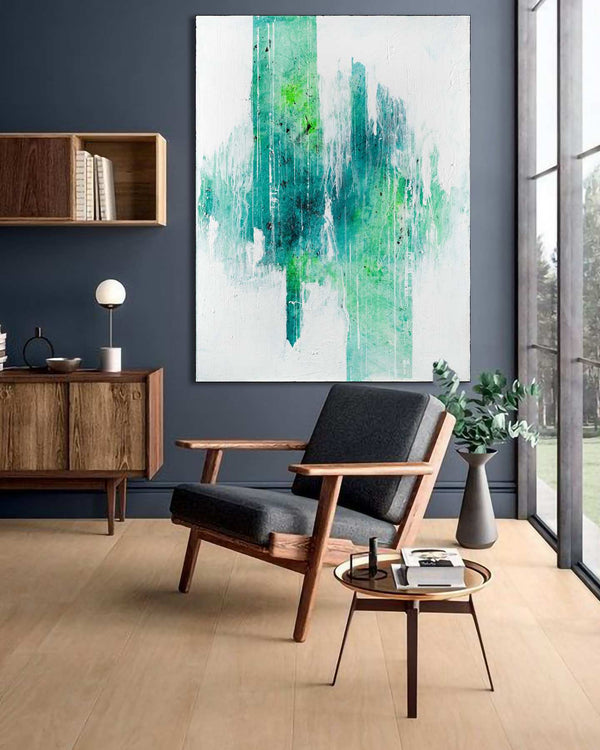 Himalayas, green original abstract painting shown in a styled living room, by Nemanja Nikolic