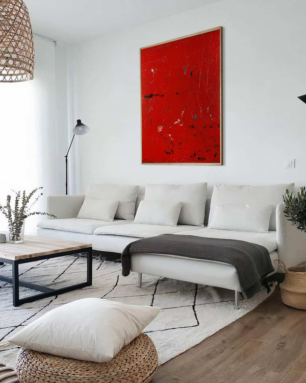 Horror Vacui, red original abstract painting shown in a styled living room, by Nemanja Nikolic