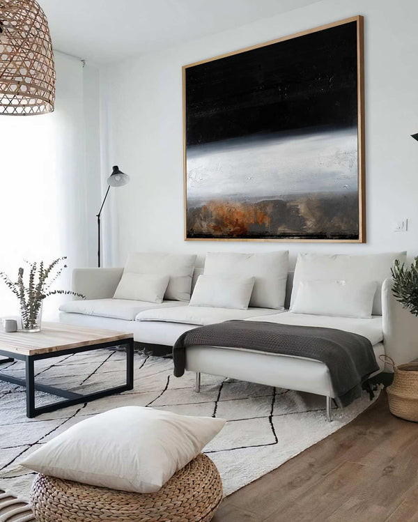 Ibi Deficit Orbis, black original abstract painting shown in a styled living room, by Nemanja Nikolic