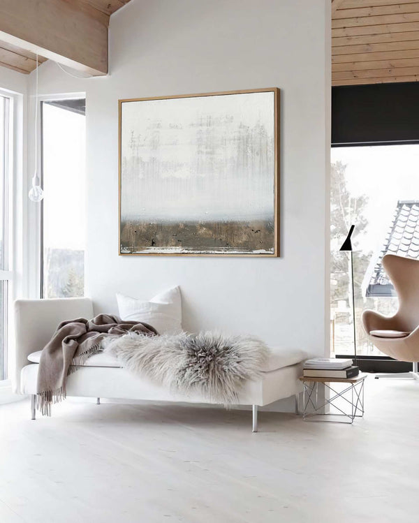 If I waste away my life, white original abstract painting shown in a styled living room, by Nemanja Nikolic