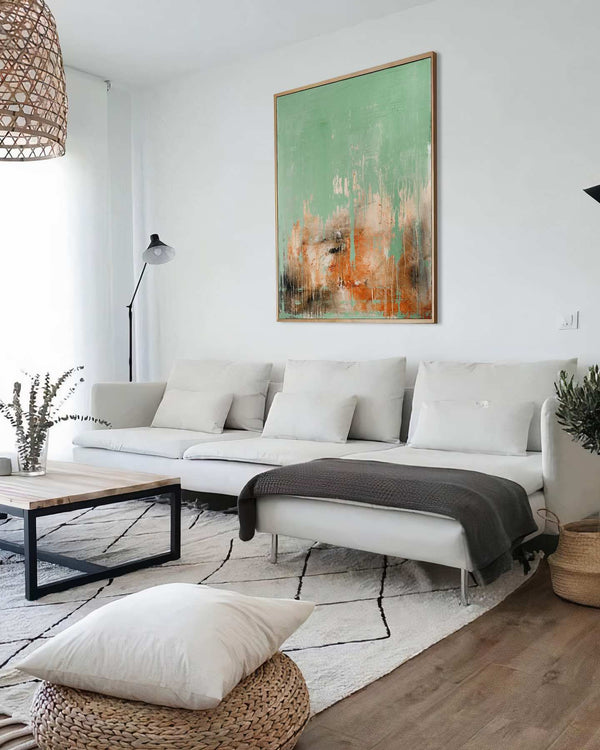 Imaginary Realm, green original abstract painting shown in a styled living room, by Nemanja Nikolic