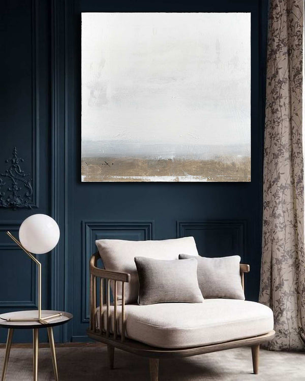 Imber, white original abstract painting shown in a styled living room, by Nemanja Nikolic