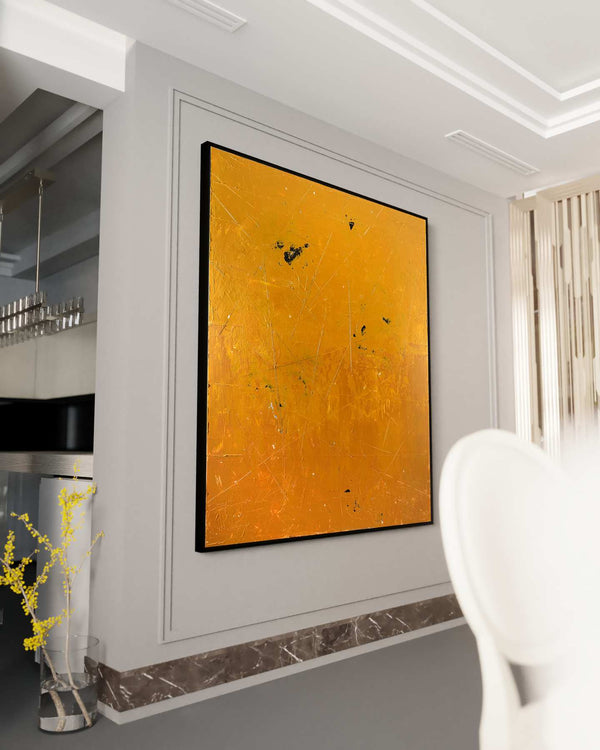 Incendiary, orange original abstract painting shown in a styled living room, by Nemanja Nikolic