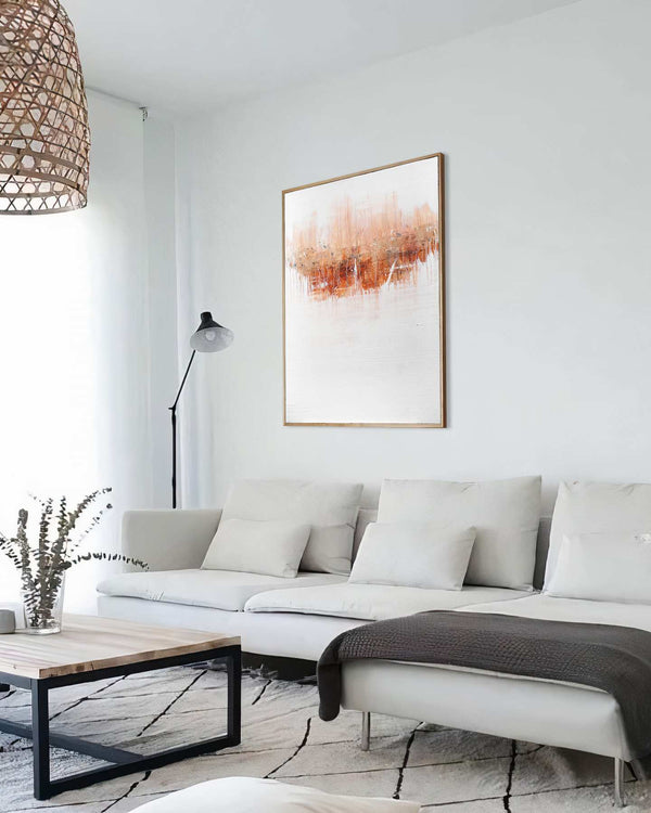 Innuendo, white original abstract painting shown in a styled living room, by Nemanja Nikolic