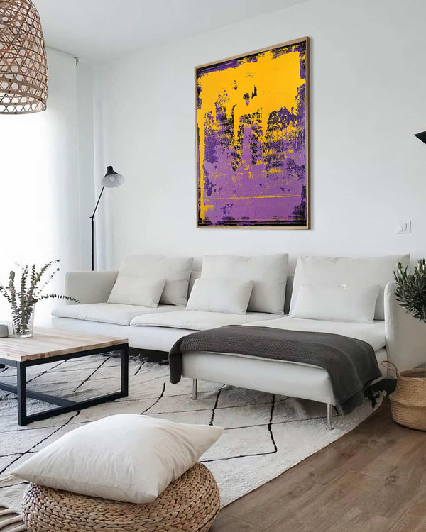 Inside Out, yellow original abstract painting shown in a styled living room, by Nemanja Nikolic