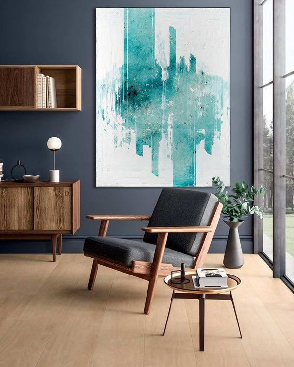 Intervallum, teal original abstract painting shown in a styled living room, by Nemanja Nikolic