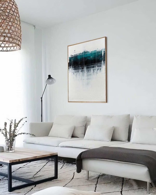 In the Depths, white original abstract painting shown in a styled living room, by Nemanja Nikolic