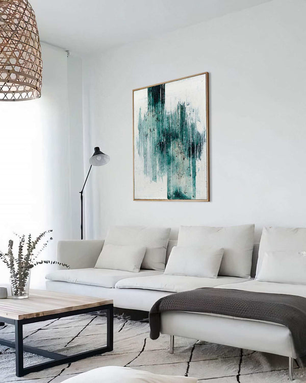 Ipsum glaciale, green original abstract painting shown in a styled living room, by Nemanja Nikolic