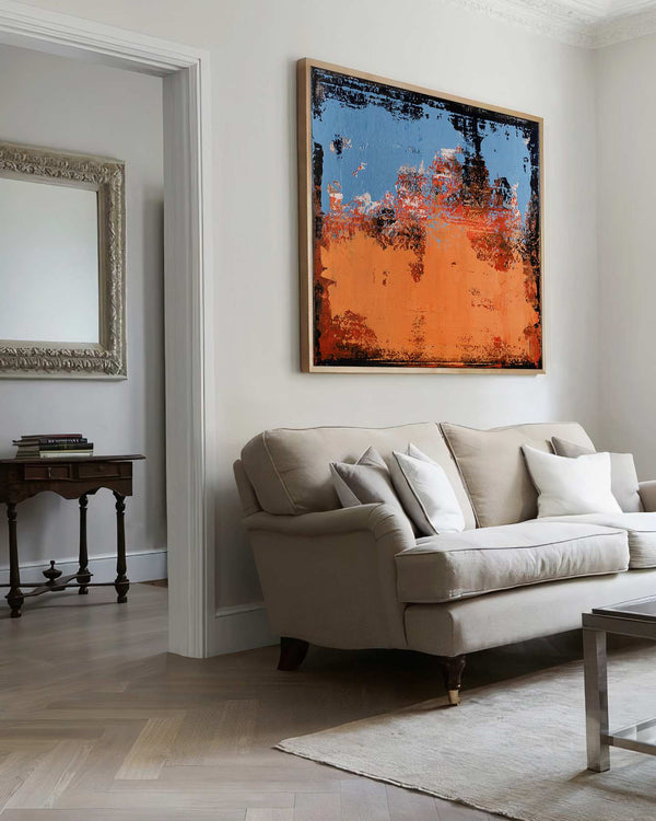 Irreversible, blue original abstract painting shown in a styled living room, by Nemanja Nikolic