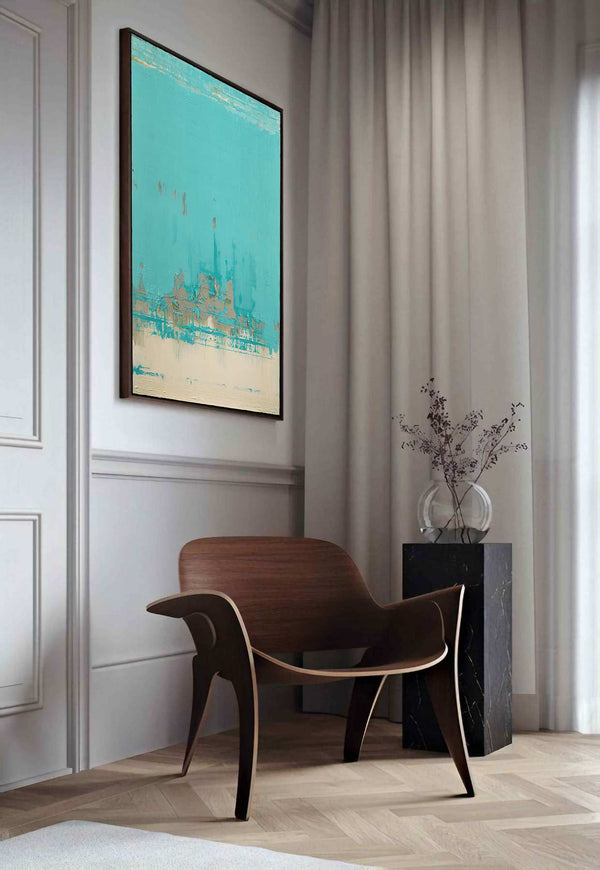 Isola, turquoise original abstract painting shown in a styled living room, by Nemanja Nikolic