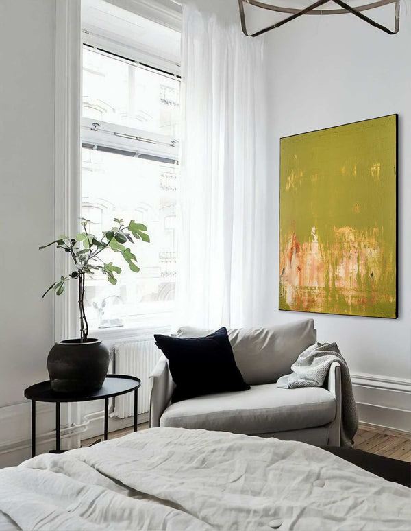 Isostatic Crust, green original abstract painting shown in a styled living room, by Nemanja Nikolic