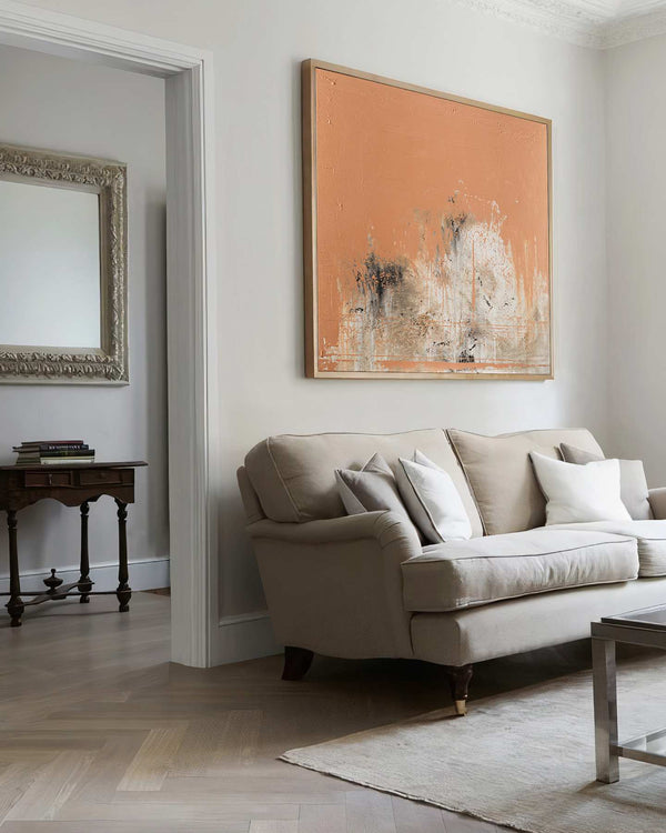 It Ends With a Kiss, orange original abstract painting shown in a styled living room, by Nemanja Nikolic