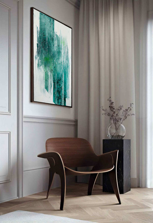 It never ends, green original abstract painting shown in a styled living room, by Nemanja Nikolic