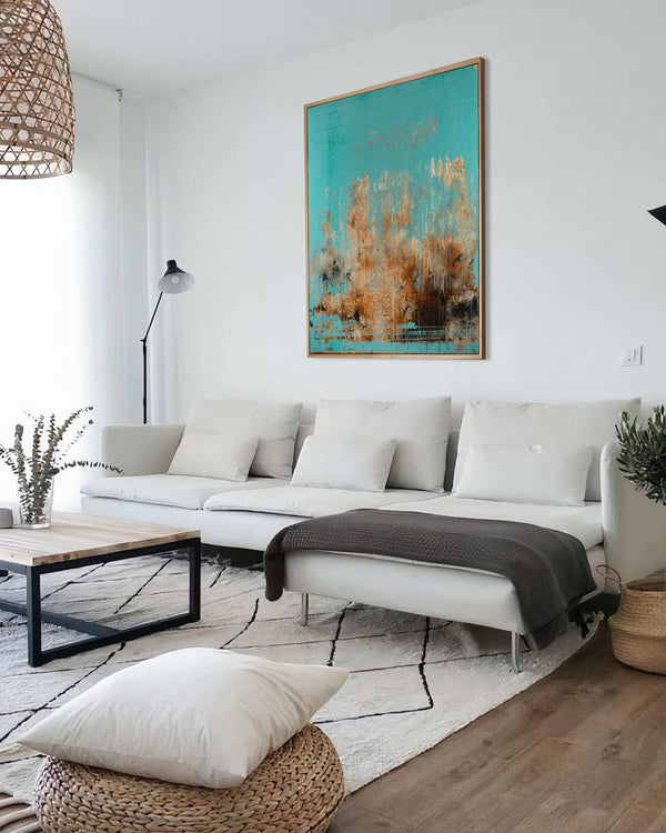 Kyanite, turquoise original abstract painting shown in a styled living room, by Nemanja Nikolic