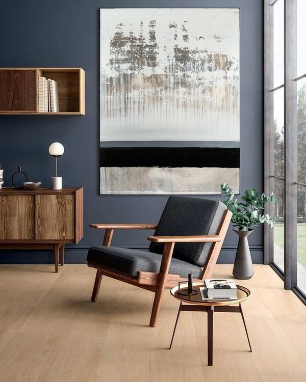 Landform, white original abstract painting shown in a styled living room, by Nemanja Nikolic