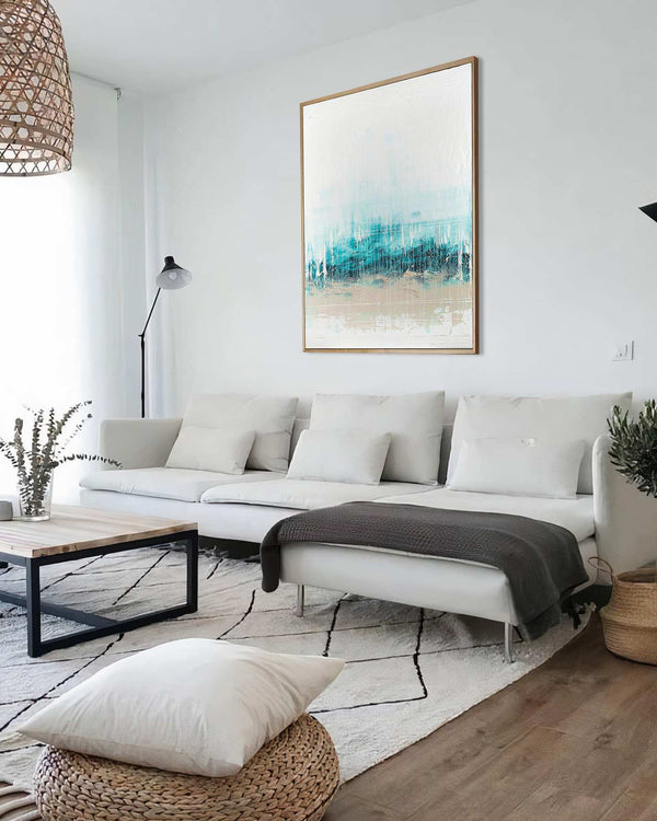 Life of Another World, white original abstract painting shown in a styled living room, by Nemanja Nikolic