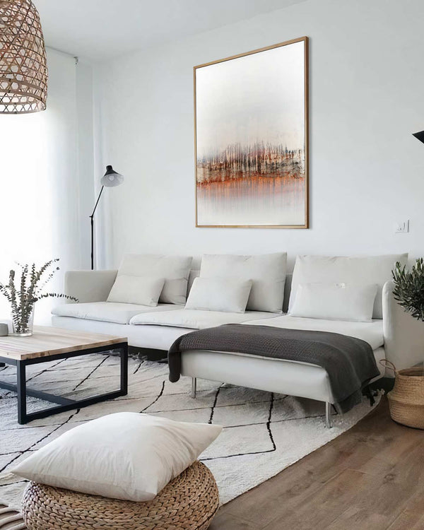 Light of Day, white original abstract painting shown in a styled living room, by Nemanja Nikolic