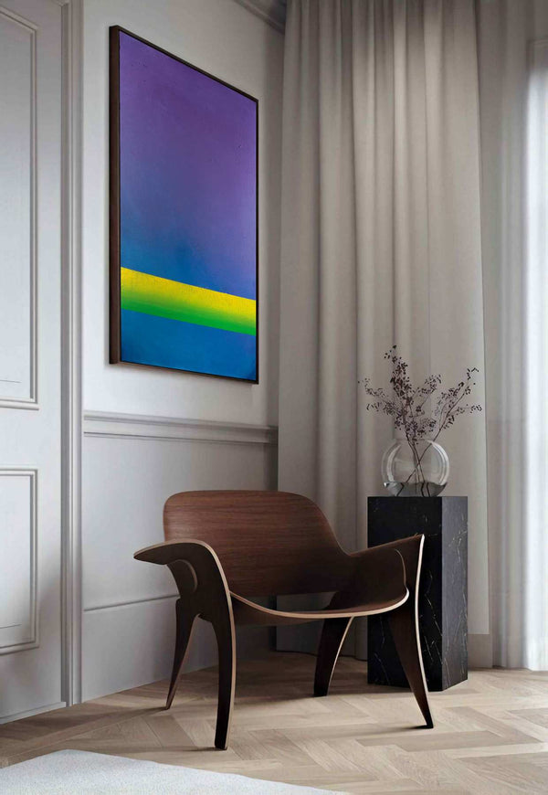 Line, purple original abstract painting shown in a styled living room, by Nemanja Nikolic