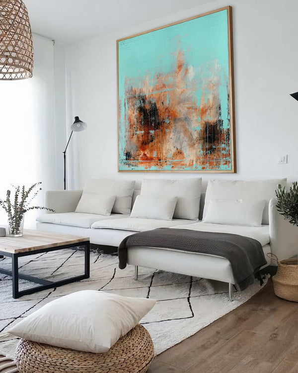 Lost for Words, grey original abstract painting shown in a styled living room, by Nemanja Nikolic