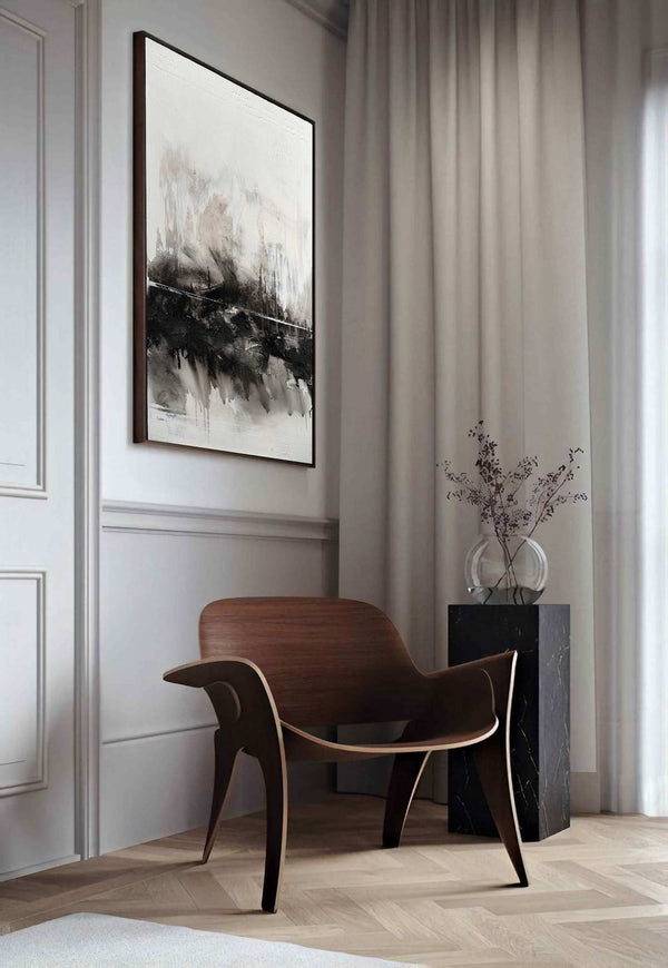 Lost in a moment, white original abstract painting shown in a styled living room, by Nemanja Nikolic