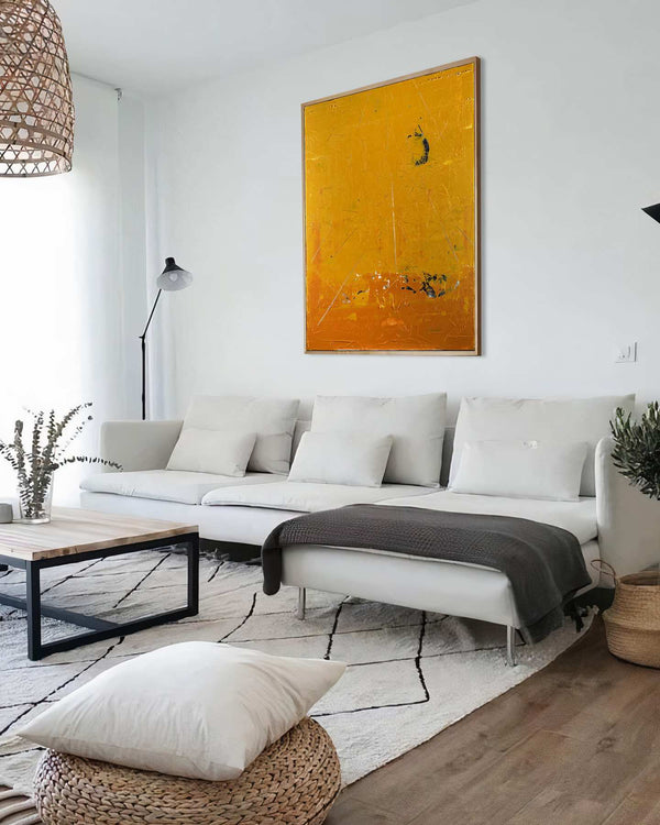 Lush Place, orange original abstract painting shown in a styled living room, by Nemanja Nikolic