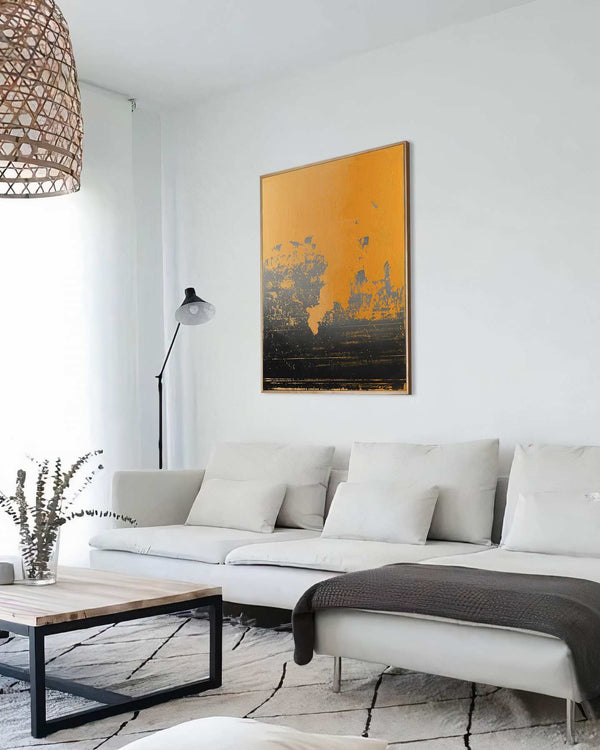 Lust for Life, orange original abstract painting shown in a styled living room, by Nemanja Nikolic