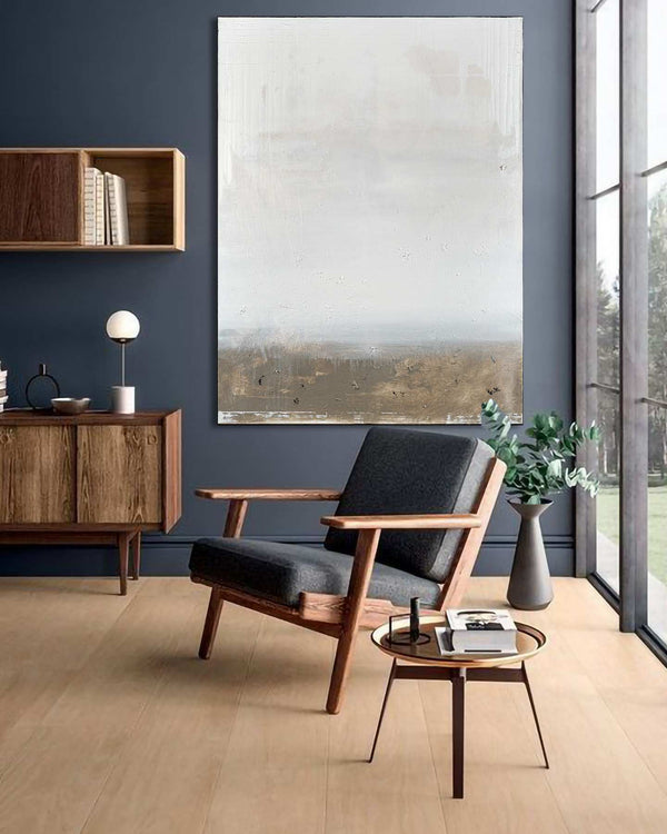 Lux Brumalis, white original abstract painting shown in a styled living room, by Nemanja Nikolic