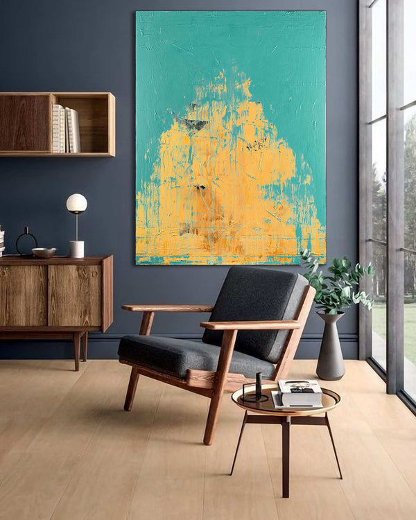 Meliora, green original abstract painting shown in a styled living room, by Nemanja Nikolic