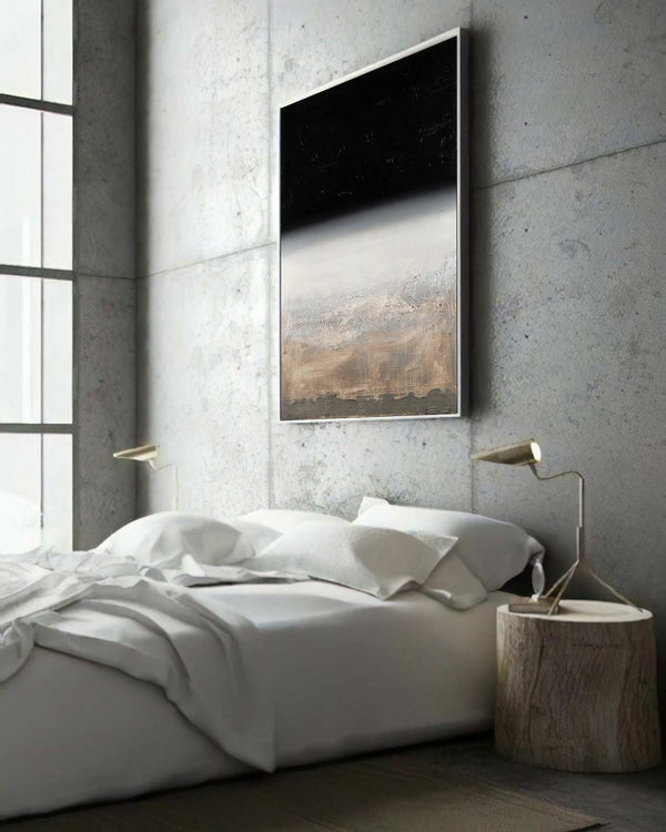 Mercurio, black original abstract painting shown in a styled living room, by Nemanja Nikolic