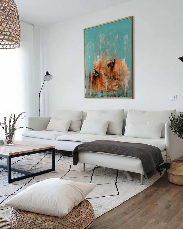 Mighty, turquoise original abstract painting shown in a styled living room, by Nemanja Nikolic