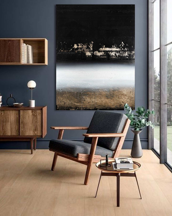 Mindful Silence, black original abstract painting shown in a styled living room, by Nemanja Nikolic