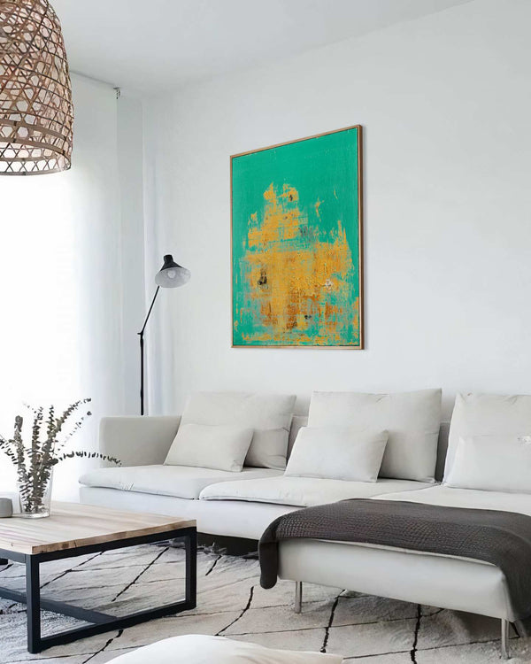 Mint Gold, green original abstract painting shown in a styled living room, by Nemanja Nikolic