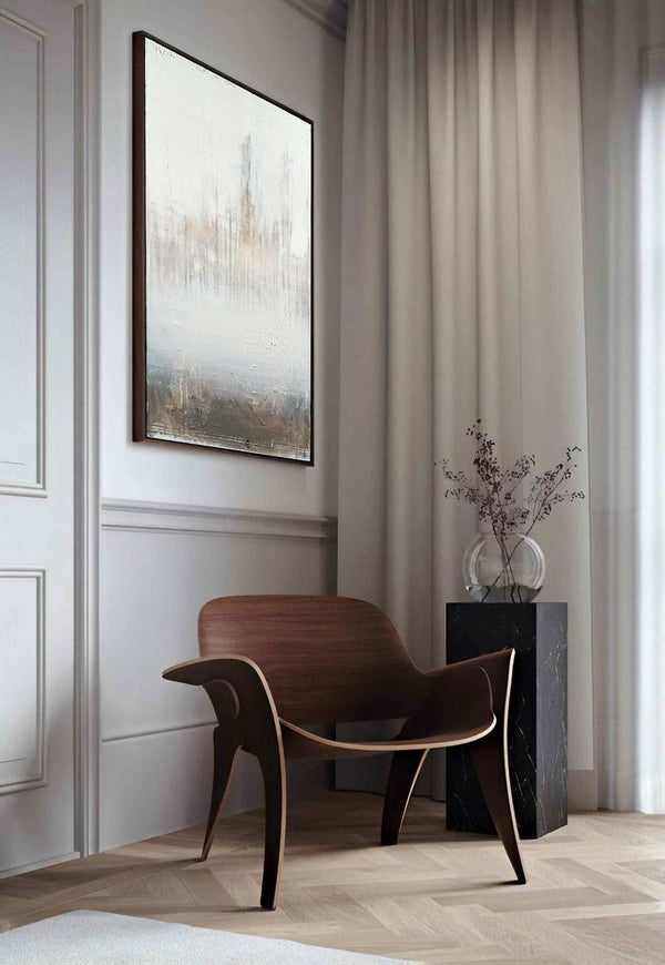 Misty Edge, white original abstract painting shown in a styled living room, by Nemanja Nikolic