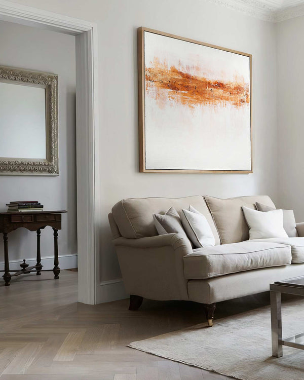 Montibus, white original abstract painting shown in a modern interior, by Nemanja Nikolic