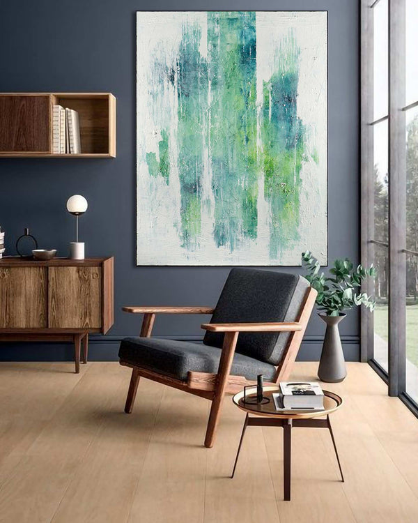 Mount Smaragdus, green original abstract painting shown in a modern interior, by Nemanja Nikolic