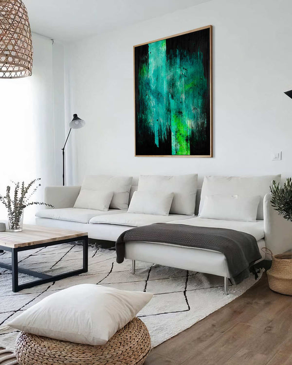 My God, It's Full of Stars, green original abstract painting shown in a styled living room, by Nemanja Nikolic