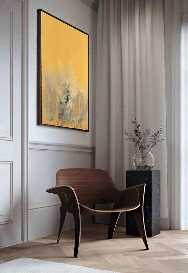 Napoli, yellow original abstract painting shown in a styled living room, by Nemanja Nikolic