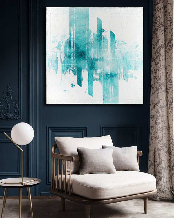 Never Ending Reality, turquoise original abstract painting shown in a styled living room, by Nemanja Nikolic