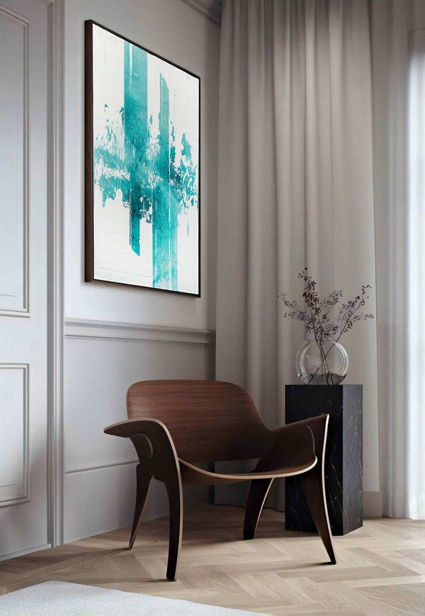 Nix Tempestas, turquoise original abstract painting shown in a styled living room, by Nemanja Nikolic