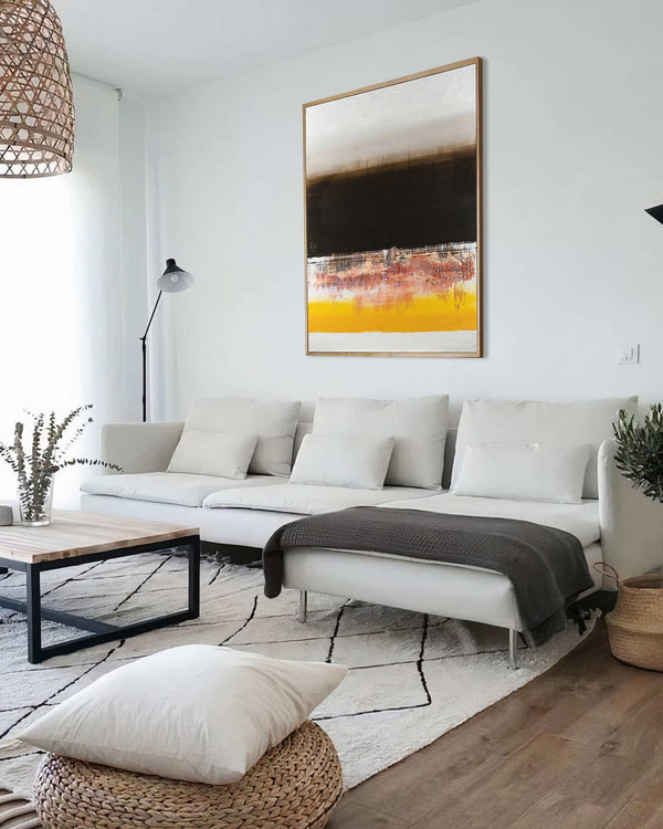 No Escape From Reality, black original abstract painting shown in a styled living room, by Nemanja Nikolic