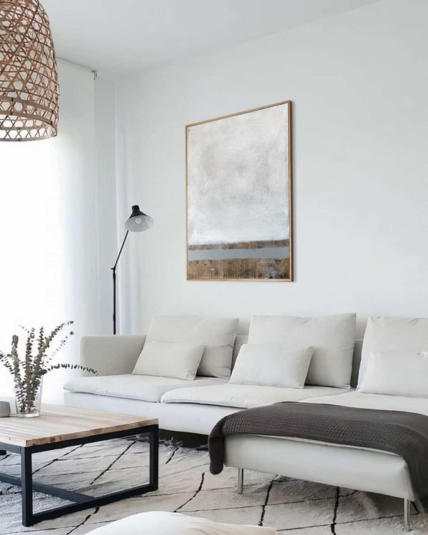 Nothing Really Matters, grey original abstract painting shown in a styled living room, by Nemanja Nikolic