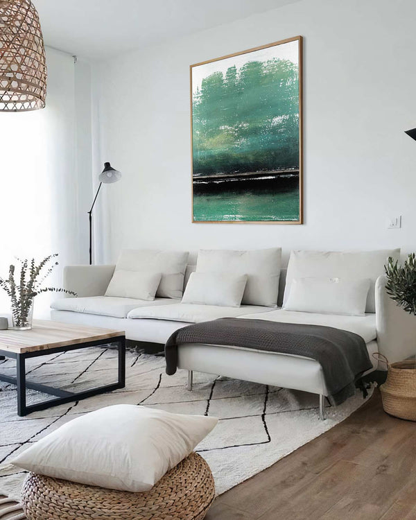 Notus Hibernas, green original abstract painting shown in a styled living room, by Nemanja Nikolic